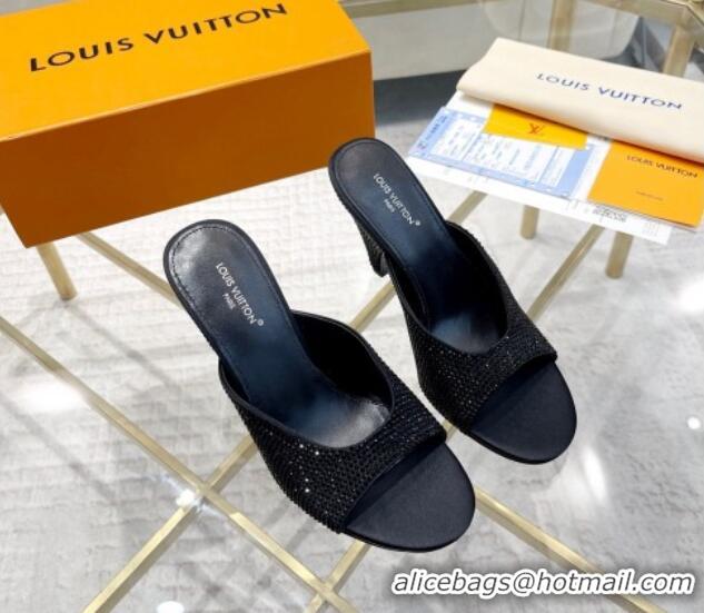 Good Looking Louis Vuitton Super Heel Slide Sandals 9cm Silk and Crystals Allover Black 1016112