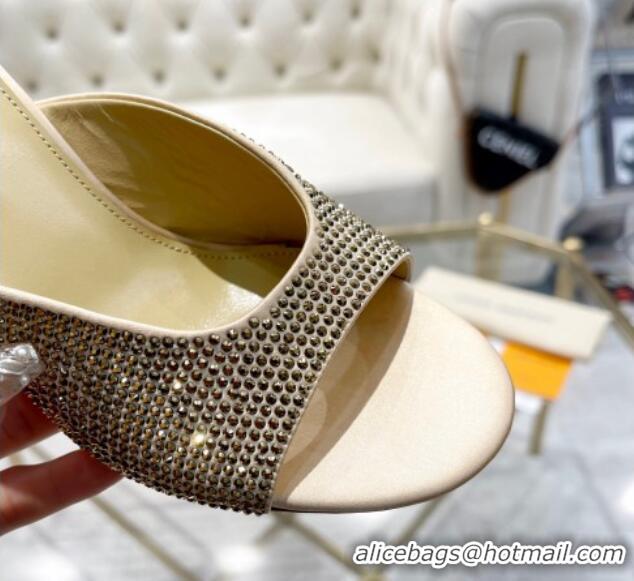 Most Popular Louis Vuitton Super Heel Slide Sandals 9cm Silk and Crystals Allover Beige 1016113