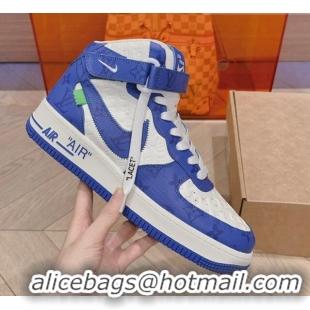 Top Grade Louis Vuitton and Nike Air Jordan AJ1 High-top Sneakers in Leather and Canvas Blue 016126