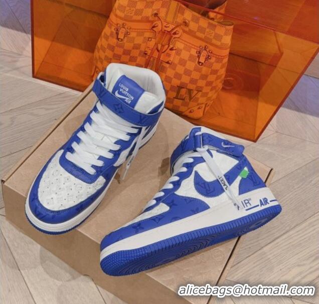 Top Grade Louis Vuitton and Nike Air Jordan AJ1 High-top Sneakers in Leather and Canvas Blue 016126