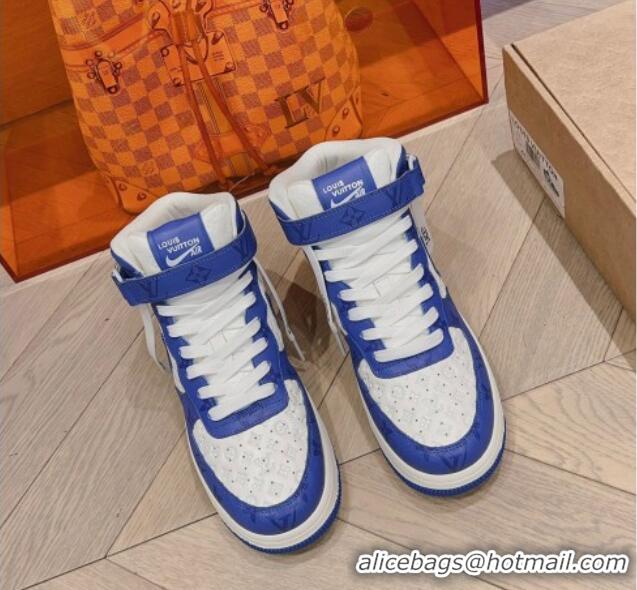 Top Grade Louis Vuitton and Nike Air Jordan AJ1 High-top Sneakers in Leather and Canvas Blue 016126