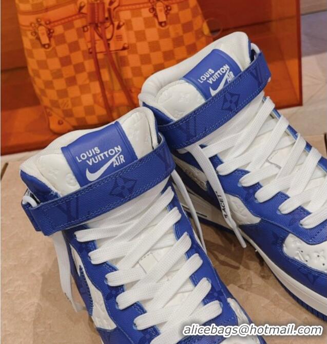 Top Grade Louis Vuitton and Nike Air Jordan AJ1 High-top Sneakers in Leather and Canvas Blue 016126