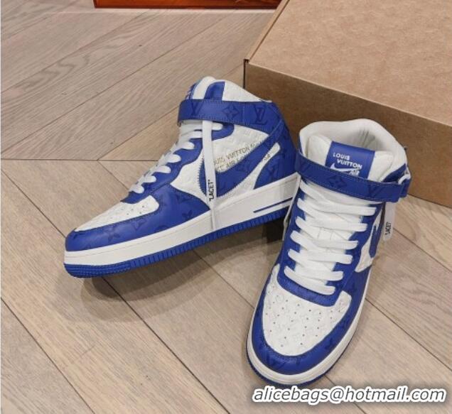 Top Grade Louis Vuitton and Nike Air Jordan AJ1 High-top Sneakers in Leather and Canvas Blue 016126