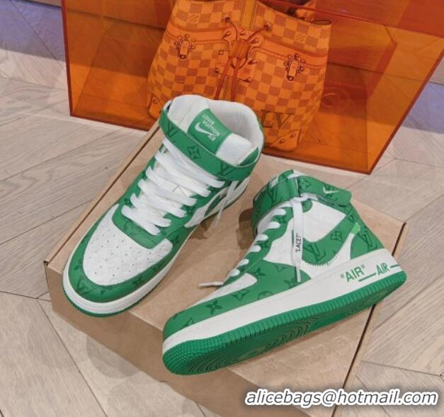 Good Quality Louis Vuitton and Nike Air Jordan AJ1 High-top Sneakers in Leather and Canvas Green 016128