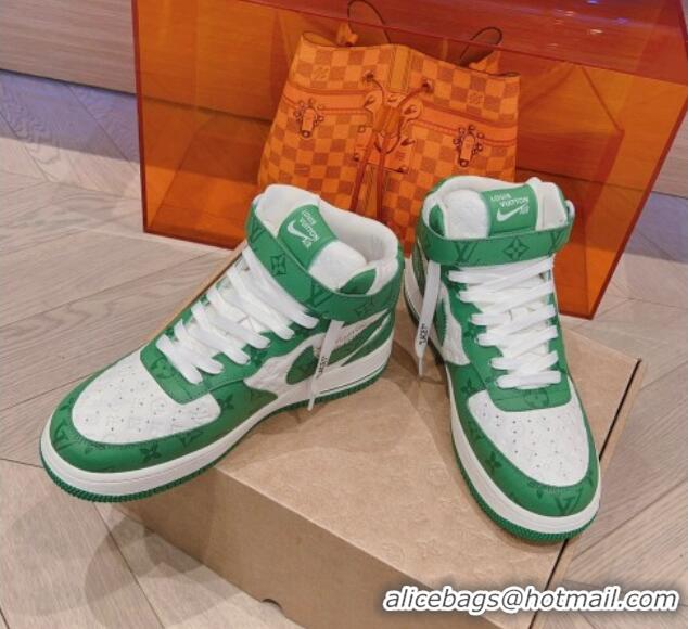 Good Quality Louis Vuitton and Nike Air Jordan AJ1 High-top Sneakers in Leather and Canvas Green 016128