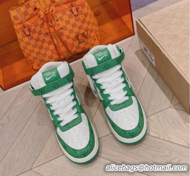 Good Quality Louis Vuitton and Nike Air Jordan AJ1 High-top Sneakers in Leather and Canvas Green 016128