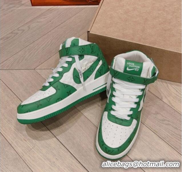 Good Quality Louis Vuitton and Nike Air Jordan AJ1 High-top Sneakers in Leather and Canvas Green 016128