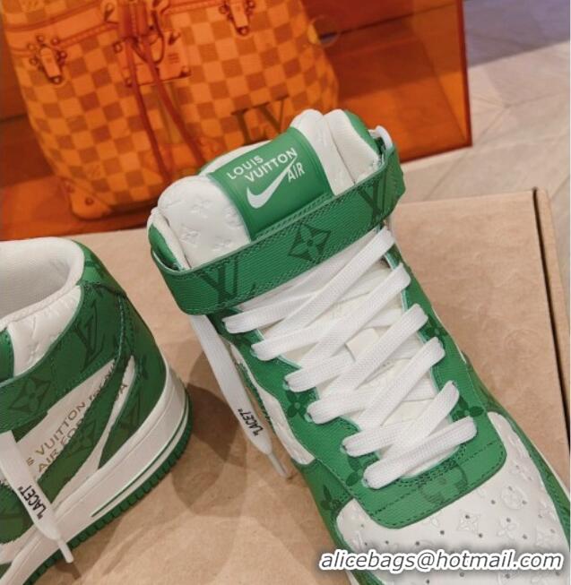 Good Quality Louis Vuitton and Nike Air Jordan AJ1 High-top Sneakers in Leather and Canvas Green 016128