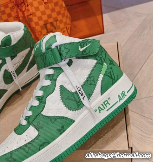 Good Quality Louis Vuitton and Nike Air Jordan AJ1 High-top Sneakers in Leather and Canvas Green 016128