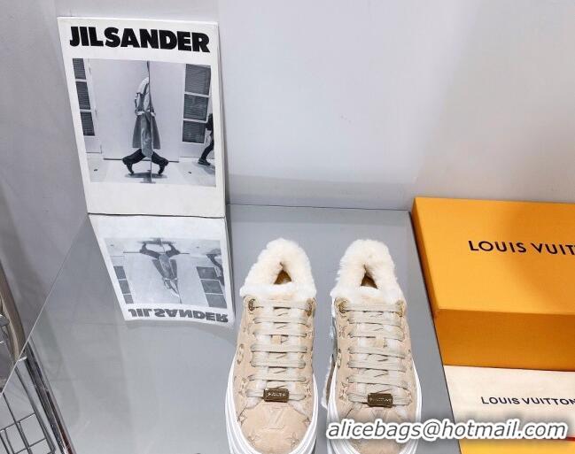 Luxurious Louis Vuitton Time Out Sneakers in Monogram Suede and Shearling Beige 016129