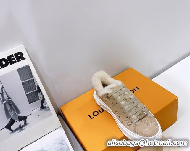 Luxurious Louis Vuitton Time Out Sneakers in Monogram Suede and Shearling Beige 016129