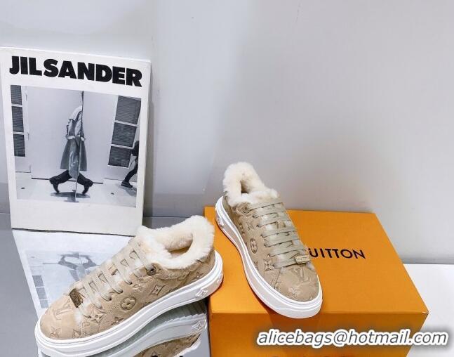 Luxurious Louis Vuitton Time Out Sneakers in Monogram Suede and Shearling Beige 016129