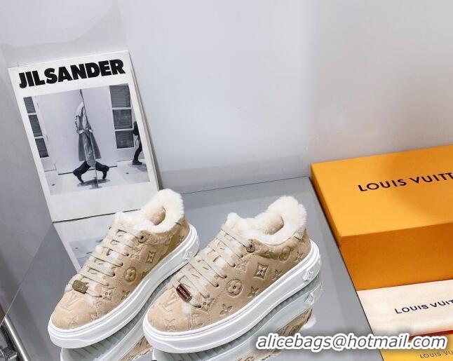 Luxurious Louis Vuitton Time Out Sneakers in Monogram Suede and Shearling Beige 016129