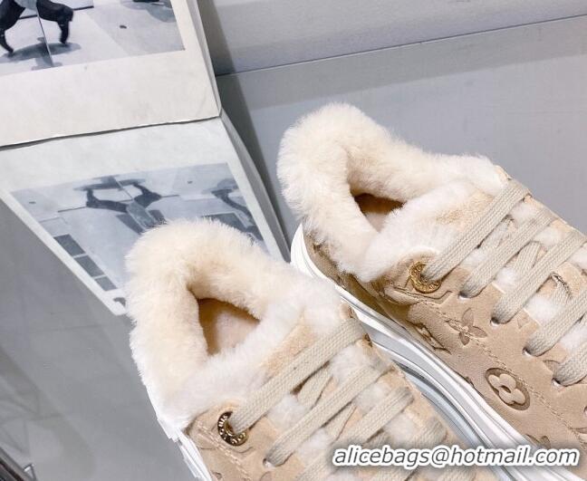 Luxurious Louis Vuitton Time Out Sneakers in Monogram Suede and Shearling Beige 016129