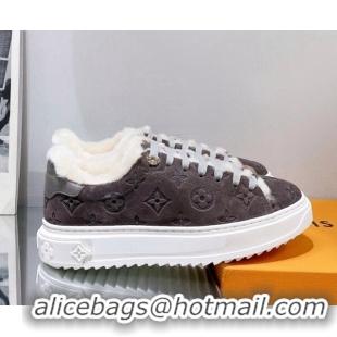 Popular Style Louis Vuitton Time Out Sneakers in Monogram Suede and Shearling Dark Grey 016130