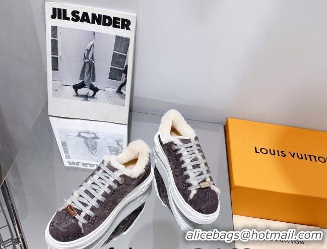 Popular Style Louis Vuitton Time Out Sneakers in Monogram Suede and Shearling Dark Grey 016130