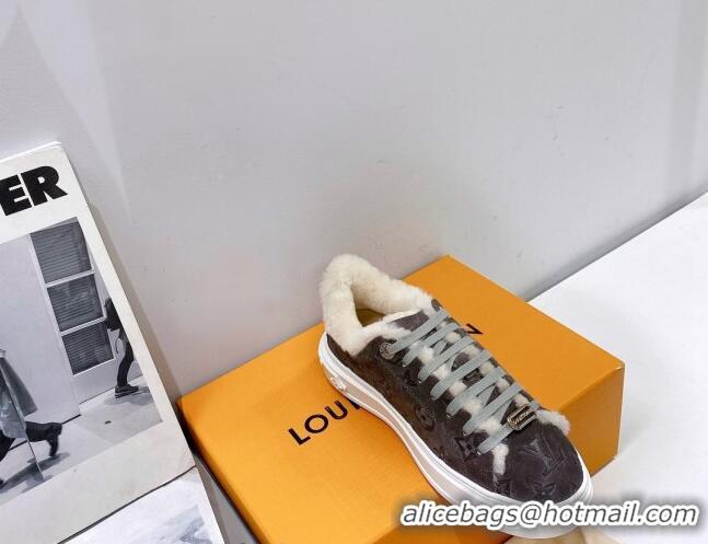 Popular Style Louis Vuitton Time Out Sneakers in Monogram Suede and Shearling Dark Grey 016130