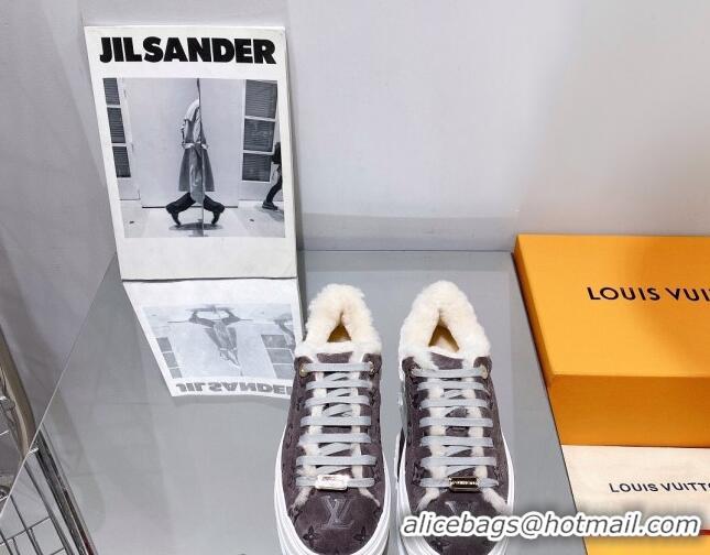 Popular Style Louis Vuitton Time Out Sneakers in Monogram Suede and Shearling Dark Grey 016130