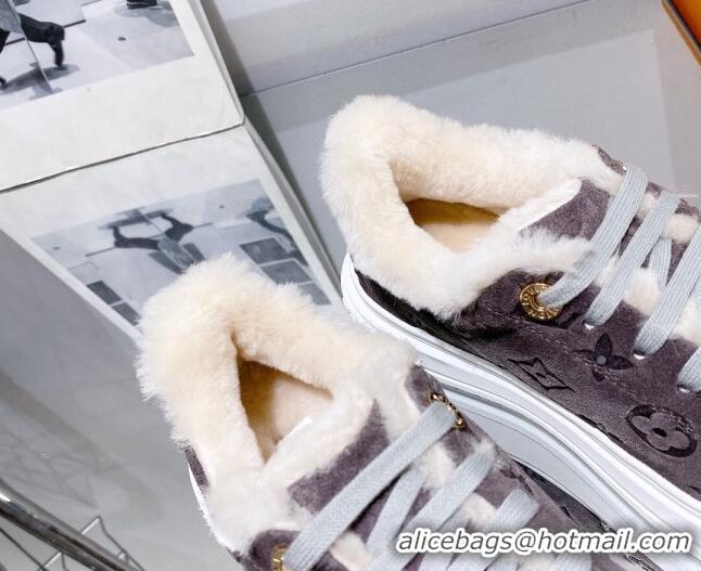 Popular Style Louis Vuitton Time Out Sneakers in Monogram Suede and Shearling Dark Grey 016130