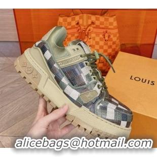 Grade Louis Vuitton LV Trainer Maxi Sneakers in Stone Embossed Leather Green/Multicolor 1025121