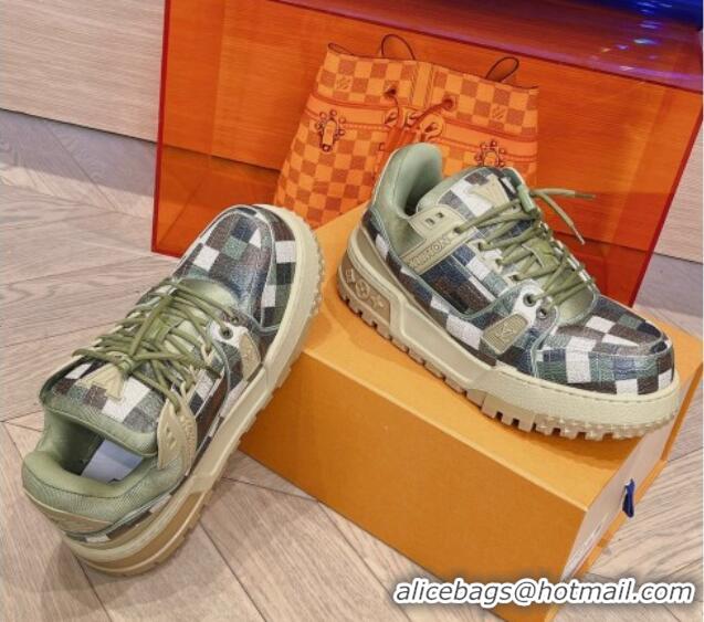 Grade Louis Vuitton LV Trainer Maxi Sneakers in Stone Embossed Leather Green/Multicolor 1025121