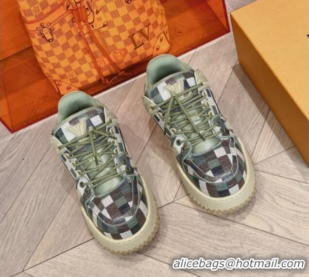 Grade Louis Vuitton LV Trainer Maxi Sneakers in Stone Embossed Leather Green/Multicolor 1025121