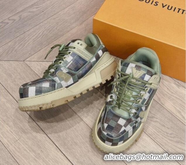 Grade Louis Vuitton LV Trainer Maxi Sneakers in Stone Embossed Leather Green/Multicolor 1025121