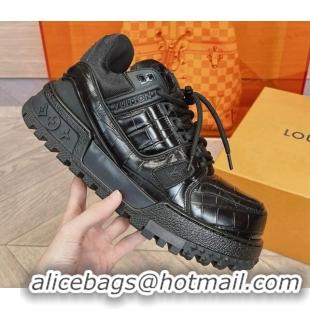 Discount Louis Vuitton LV Trainer Maxi Sneakers in Stone Embossed Leather Black 025122