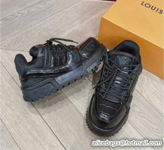 Discount Louis Vuitton LV Trainer Maxi Sneakers in Stone Embossed Leather Black 025122