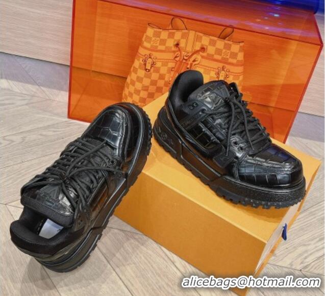 Discount Louis Vuitton LV Trainer Maxi Sneakers in Stone Embossed Leather Black 025122