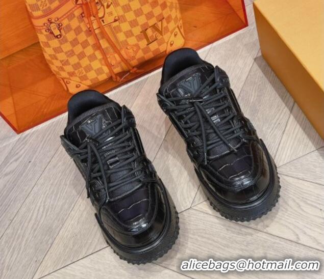 Discount Louis Vuitton LV Trainer Maxi Sneakers in Stone Embossed Leather Black 025122