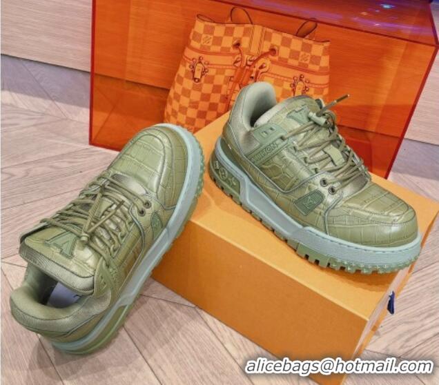 Top Quality Louis Vuitton LV Trainer Maxi Sneakers in Stone Embossed Leather Green 1025124