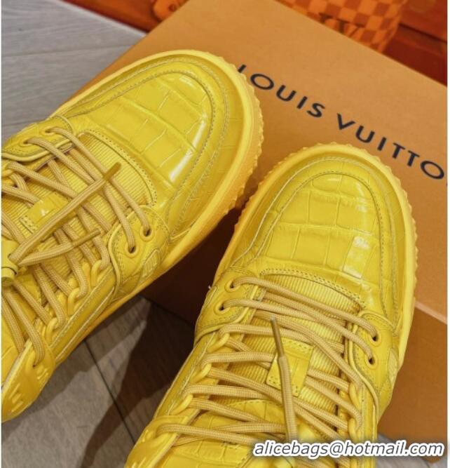 Durable Louis Vuitton LV Trainer Maxi Sneakers in Stone Embossed Leather Yellow 025126