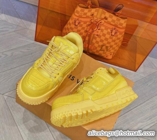 Durable Louis Vuitton LV Trainer Maxi Sneakers in Stone Embossed Leather Yellow 025126