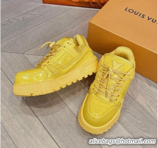 Durable Louis Vuitton LV Trainer Maxi Sneakers in Stone Embossed Leather Yellow 025126