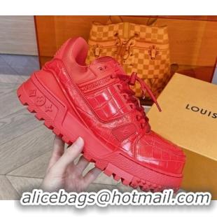 Duplicate Louis Vuitton LV Trainer Maxi Sneakers in Stone Embossed Leather Red 025127