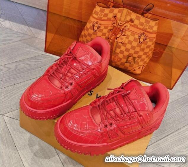 Duplicate Louis Vuitton LV Trainer Maxi Sneakers in Stone Embossed Leather Red 025127