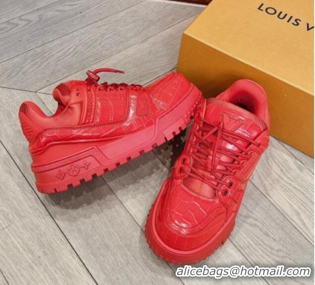 Duplicate Louis Vuitton LV Trainer Maxi Sneakers in Stone Embossed Leather Red 025127