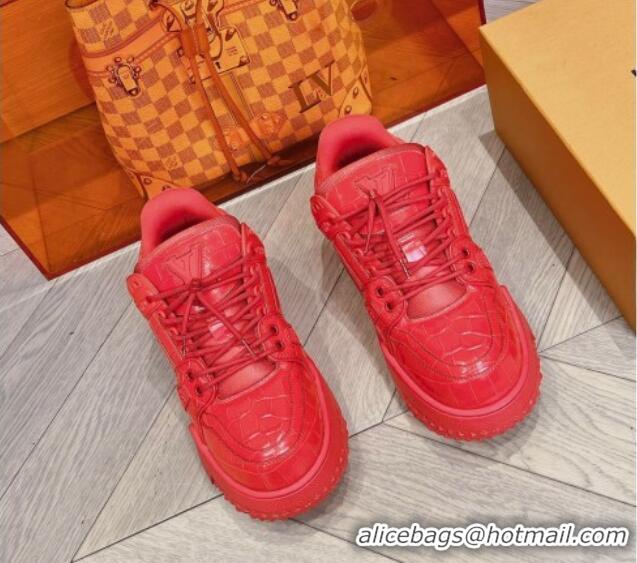 Duplicate Louis Vuitton LV Trainer Maxi Sneakers in Stone Embossed Leather Red 025127