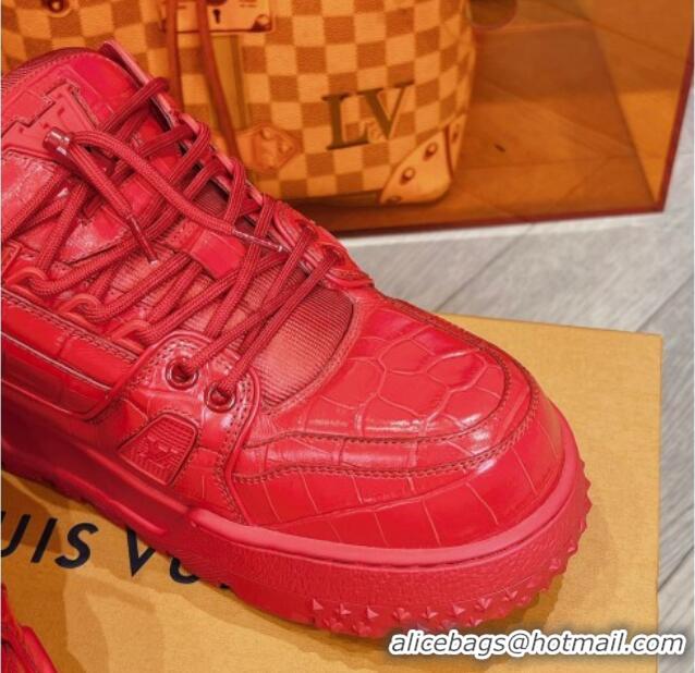 Duplicate Louis Vuitton LV Trainer Maxi Sneakers in Stone Embossed Leather Red 025127