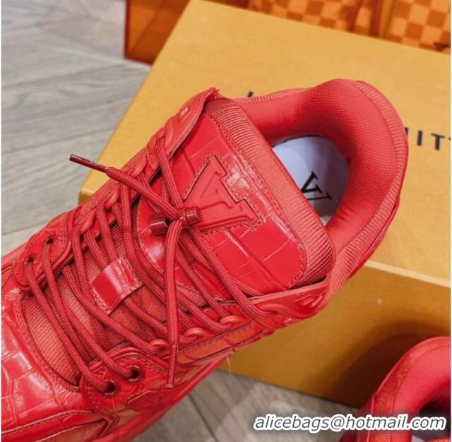 Duplicate Louis Vuitton LV Trainer Maxi Sneakers in Stone Embossed Leather Red 025127