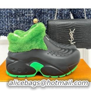 Best Price Louis Vuitton Shark Platform Ankle Boots 5cm in Rubber and Fur Black/Green 026003