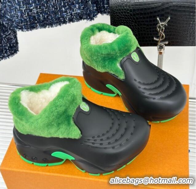 Best Price Louis Vuitton Shark Platform Ankle Boots 5cm in Rubber and Fur Black/Green 026003