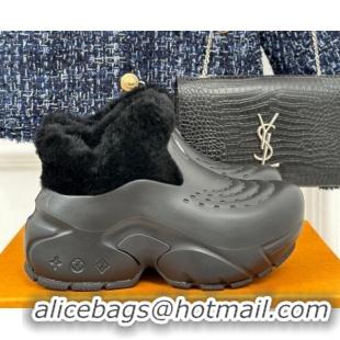 Popular Style Louis Vuitton Shark Platform Ankle Boots 5cm in Rubber and Fur All Black 026005