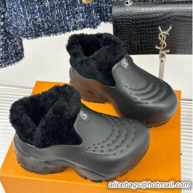 Popular Style Louis Vuitton Shark Platform Ankle Boots 5cm in Rubber and Fur All Black 026005