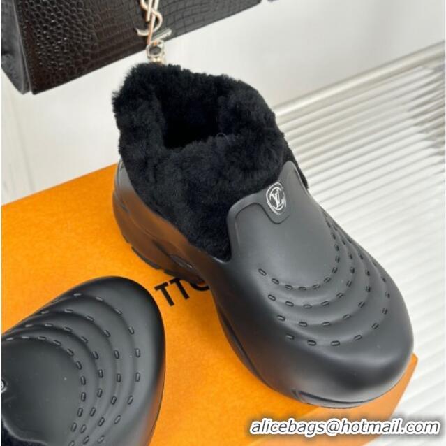 Popular Style Louis Vuitton Shark Platform Ankle Boots 5cm in Rubber and Fur All Black 026005