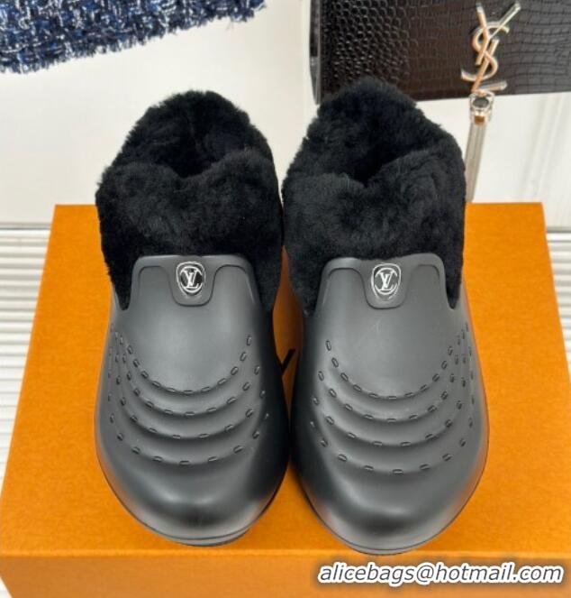 Popular Style Louis Vuitton Shark Platform Ankle Boots 5cm in Rubber and Fur All Black 026005