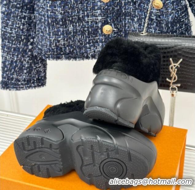 Popular Style Louis Vuitton Shark Platform Ankle Boots 5cm in Rubber and Fur All Black 026005