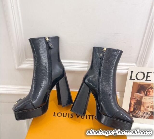 Top Design Louis Vuitton Shake Platform Ankle Boots 12cm in Snakeskin-Like Leather Black 026009