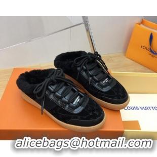 Good Looking Louis Vuitton Lous Open Back Sneakers in Monogram Suede and Wool Black 026014